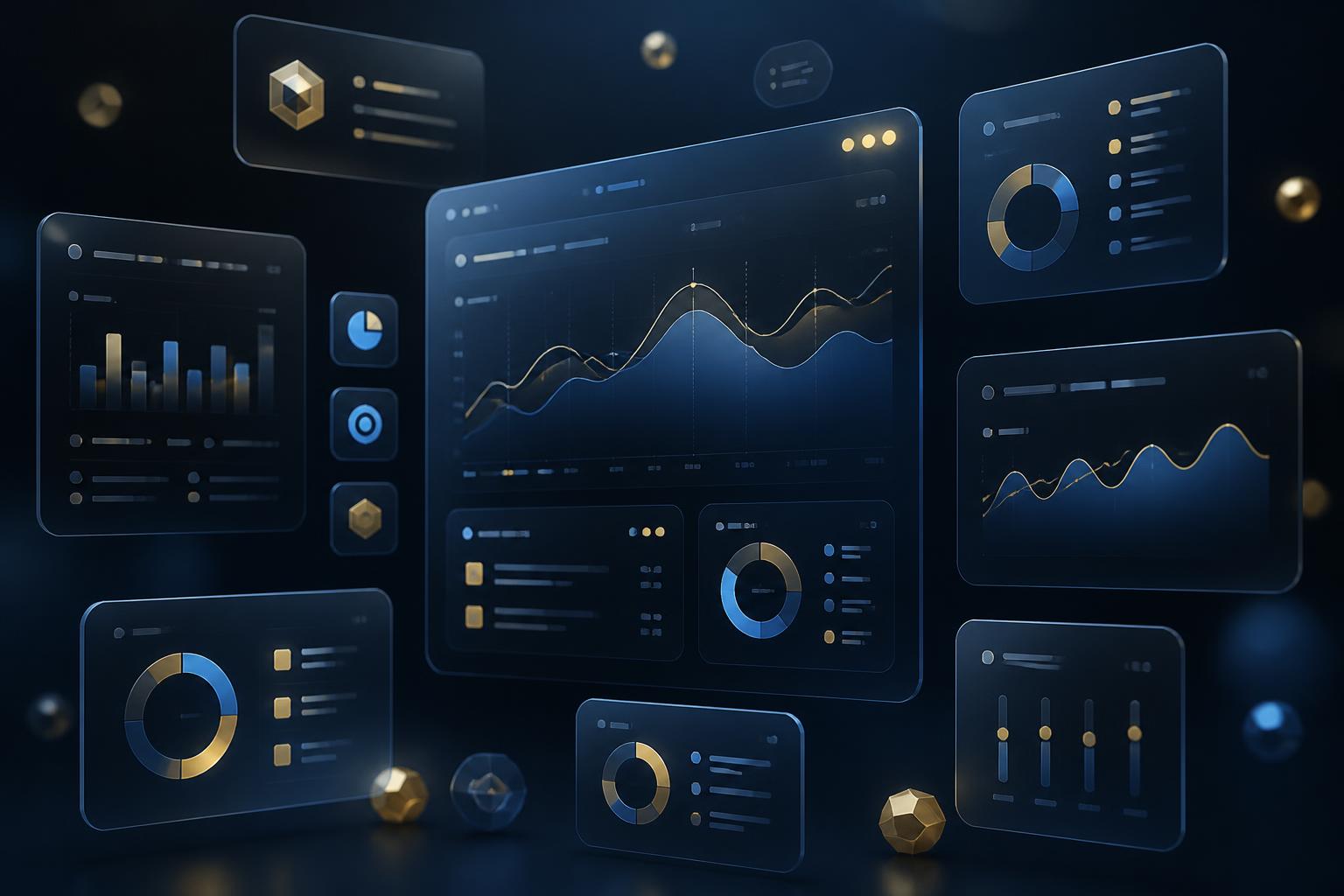 Glass dashboard interfaces showing enterprise analytics and data visualisation